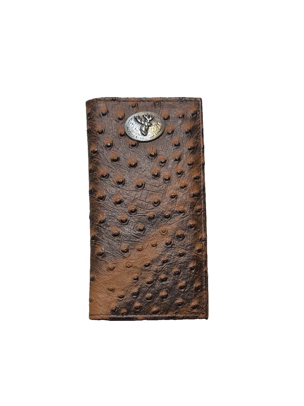 Brown Ostrich-Texture Leather Long Wallet with Deer Emblem 100% Leather